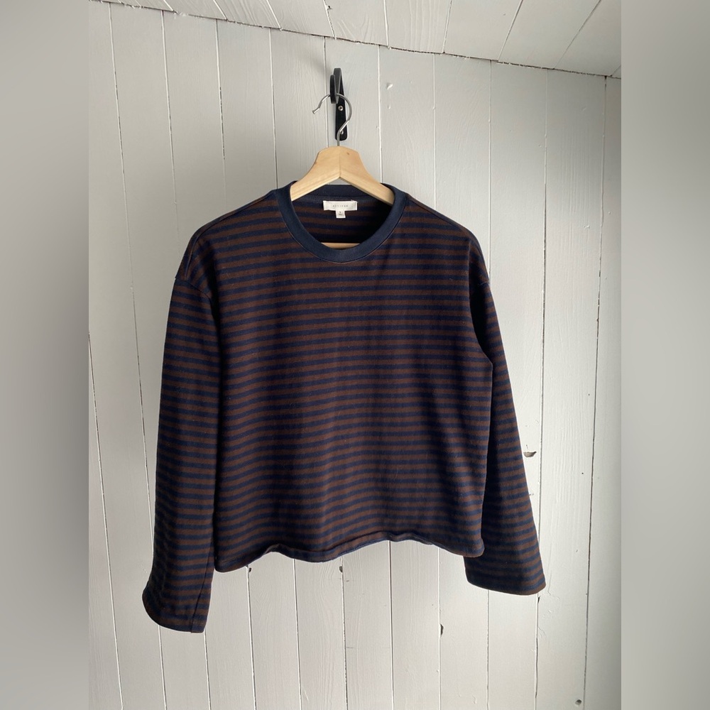 Cropped Navy & Brown Striped Long Sleeve Tee
